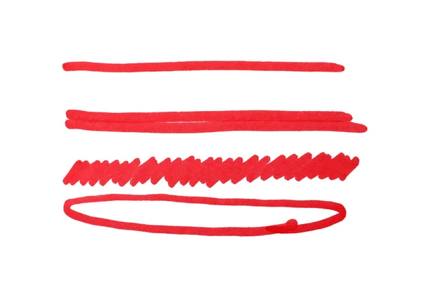 Different Stripes Ellipse Drawn Red Marker Isolated White Top View — Stok Foto