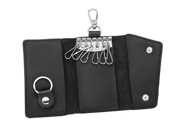 Stylish Leather Key Holder Isolated White Top View — Stock Photo, Image