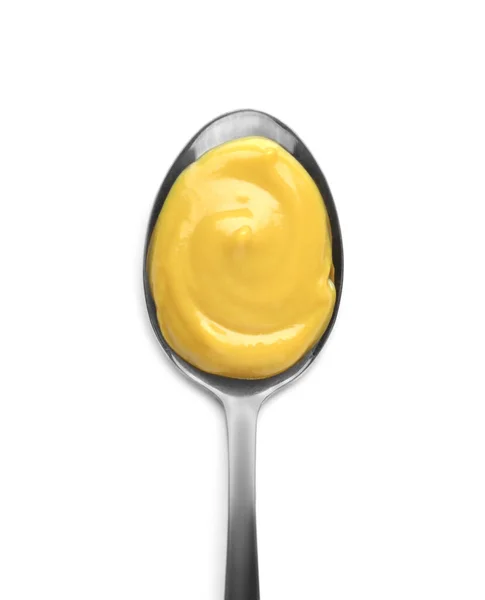 Spoon Delicious Mustard White Background Top View — Stock Photo, Image