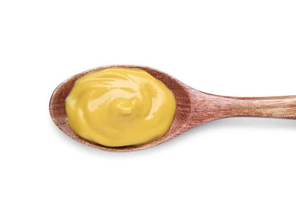 Wooden Spoon Delicious Mustard White Background Top View — Stock Photo, Image