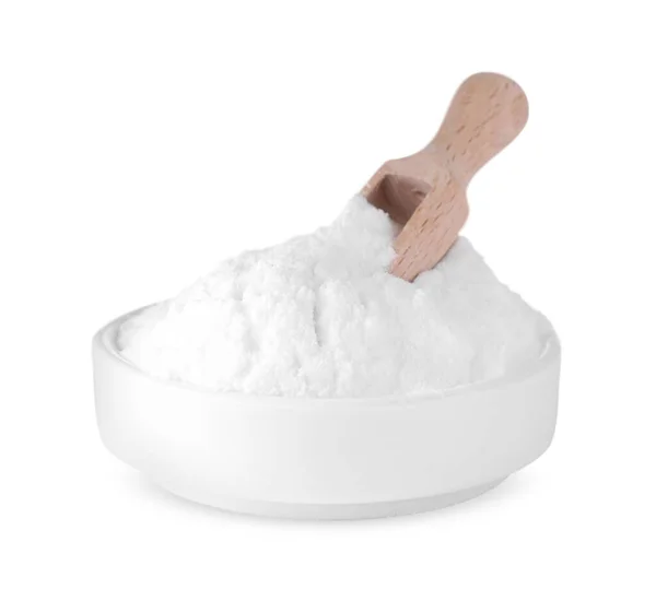 用甜果糖粉和在白色上分离的勺子做碗 — 图库照片