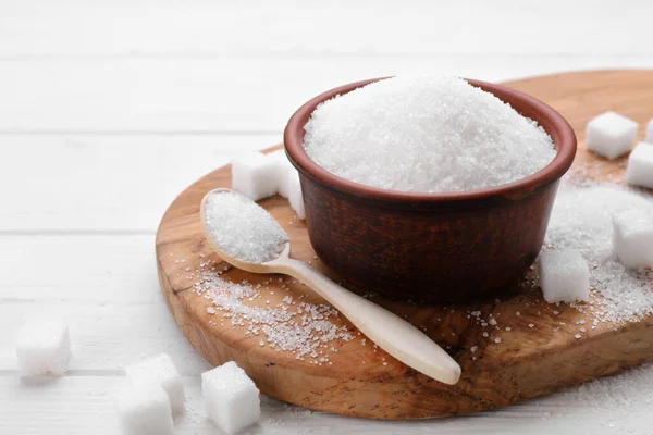 Diversi Tipi Zucchero Sul Tavolo Legno Bianco Spazio Testo — Foto Stock