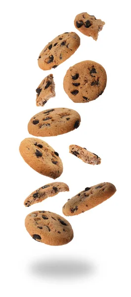Delicious Chocolate Chip Cookies Falling White Background — Stok fotoğraf