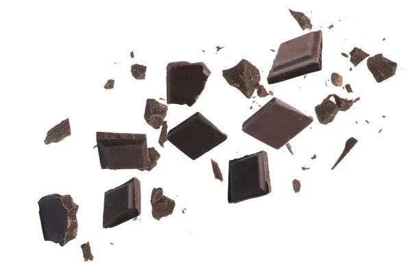 Pedazos Barra Chocolate Cayendo Sobre Fondo Blanco — Foto de Stock