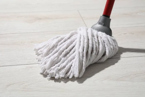 Cleaning White Parquet Floor Mop Closeup — Stock Photo, Image