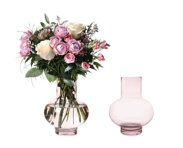 Stylish vase with beautiful bouquet and empty one on white background. Collage design