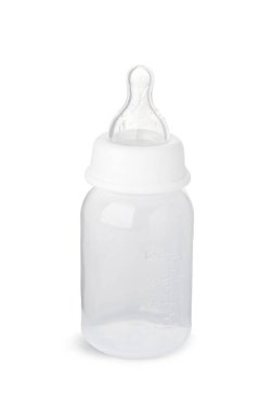 Bebek maması için boş beslenme şişesi beyaza izole edilmiş.