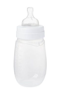 One empty feeding bottle for baby milk isolated on white