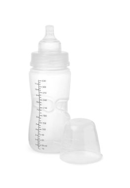 One empty feeding bottle for infant formula isolated on white