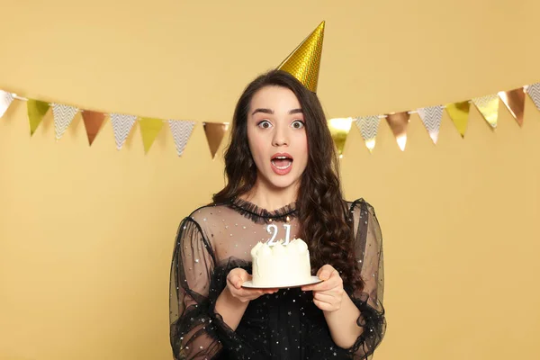 Coming Age Party 21St Birthday Surprised Woman Holding Delicious Cake — Stok fotoğraf