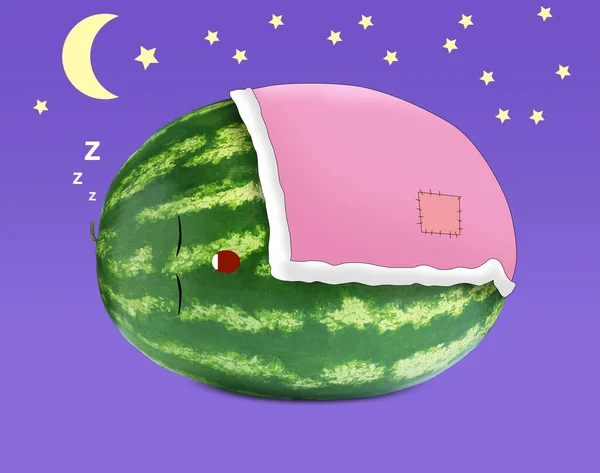 Creatief Kunstwerk Leuke Watermeloen Die Slaapt Bedekt Met Deken Tijdens — Stockfoto