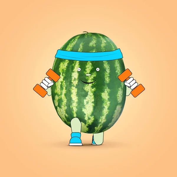 Creative Artwork Happy Watermelon Training Dumbbells Whole Fruit Drawings Pale — Stock Photo, Image