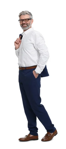 Зрелый Бизнесмен Стильной Одежде Позирует Белом Фоне — стоковое фото