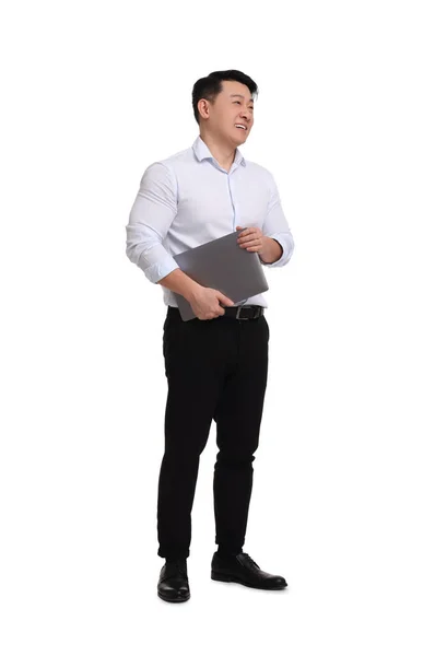 身穿正式服装 背景为白色的笔记本电脑的商人 — 图库照片