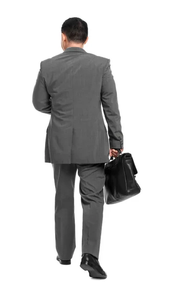 Geschäftsmann Mit Aktentasche Auf Weißem Hintergrund Rückseite — Stockfoto