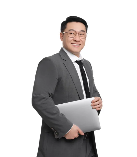 Üzletember Öltönyben Laptop Pózol Fehér Háttér — Stock Fotó