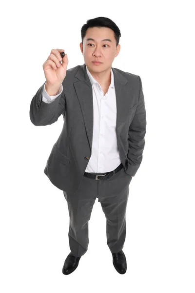 Geschäftsmann Anzug Mit Filzstift Auf Weißem Hintergrund Oben Ansicht — Stockfoto