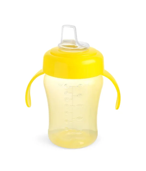 Bottiglia Alimentazione Gialla Vuota Latte Bambini Isolata Bianco — Foto Stock
