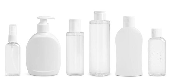 Набор косметических бутылок с продуктами по уходу за кожей, изолированных на белом