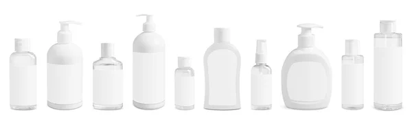 Zestaw Butelek Kosmetycznych Produktami Pielęgnacji Skóry Izolowanymi Biało — Zdjęcie stockowe