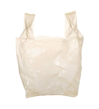 Beyaza izole edilmiş boş bir plastik torba.