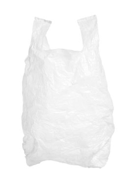 Beyaza izole edilmiş boş bir plastik torba.