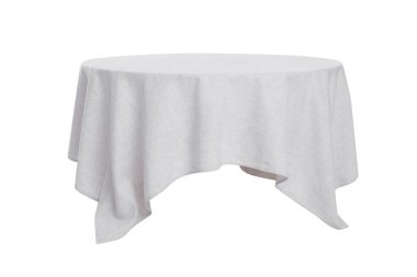 Beyaz masa örtüsü olan masa beyaza izole edilmiş.