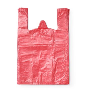 Üst görüntüde izole edilmiş kırmızı plastik torbalar yığını