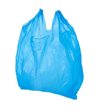 Bir açık mavi plastik çanta beyaza izole edilmiş.
