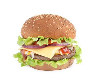 Lezzetli burger, köfte ve marul, beyaz üzerine izole.