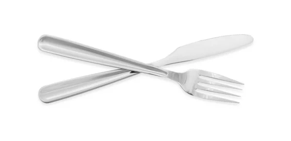 Knife Fork Isolated White Top View Stylish Shiny Cutlery Set — Stock Fotó