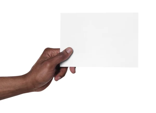 Афроамериканец Держит Лист Бумаги Белом Фоне Крупным Планом Макет Дизайна — стоковое фото