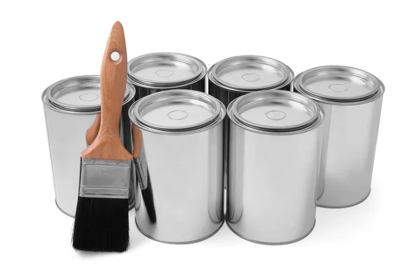 stock image Cans of paints and brush on white background