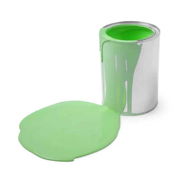 Tinta Verde Claro Derramado Pode Sobre Fundo Branco — Fotografia de Stock