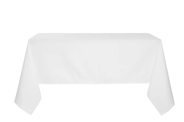 Mesa Con Mantel Blanco Aislado Sobre Blanco — Foto de Stock