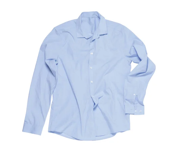 Crumpled Ljusblå Skjorta Vit Bakgrund Ovanifrån — Stockfoto
