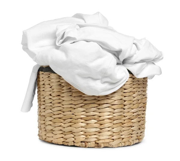 Wicker Laundry Basket Clean Clothes Isolated White — Stok fotoğraf
