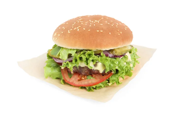 stock image Delicious burger with beef patty and lettuce isolated on white