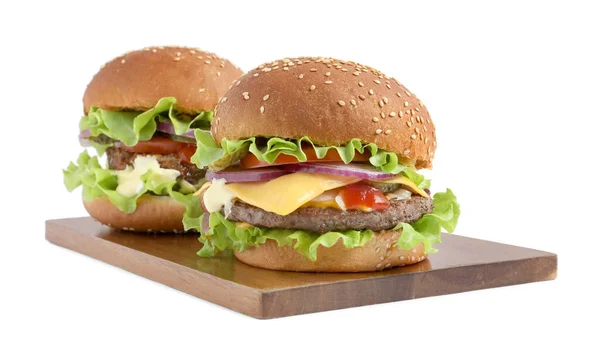 白で隔離された牛肉のパティとレタスとおいしいハンバーガー — ストック写真