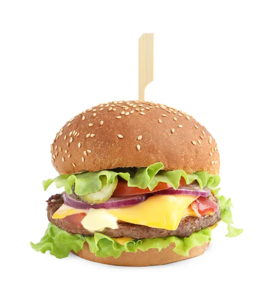 Lezzetli Burger Köfte Marul Beyaz Üzerine Izole — Stok fotoğraf
