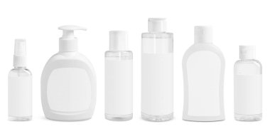 Beyaz üzerine izole cilt bakım ürünleri ile kozmetik şişe seti