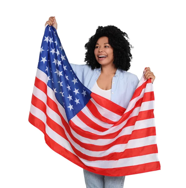 stock image 4th of July - Independence day of America. Happy woman with national flag of United States on white background