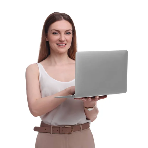 Vacker Affärskvinna Med Bärbar Dator Vit Bakgrund — Stockfoto