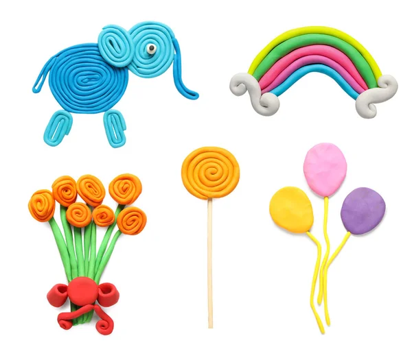 Set Different Colorful Child Crafts Plasticine White Background Top View — Stock Photo, Image