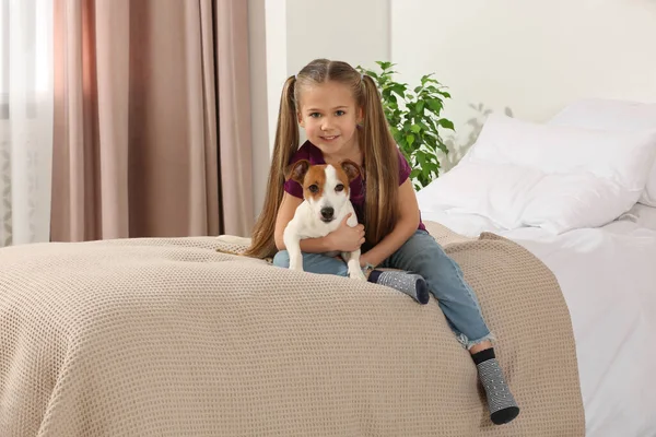 Мила Дівчина Обіймає Свого Собаку Ліжку Вдома Чарівна Тварина — стокове фото