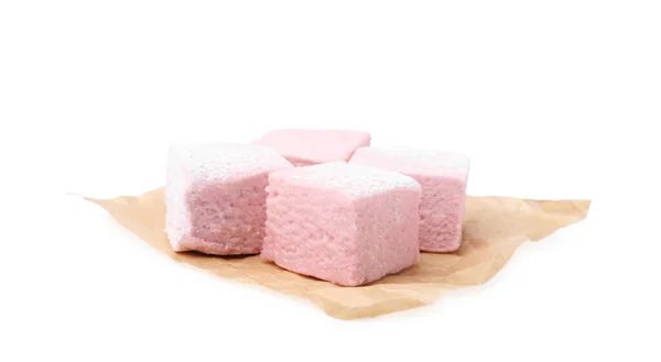 Delicious Sweet Marshmallows Powdered Sugar Isolated White — Zdjęcie stockowe