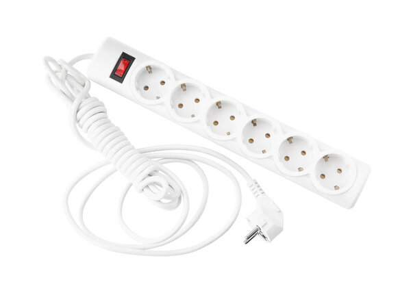 Power strip with extension cord on white background, top view. Electrician's equipment