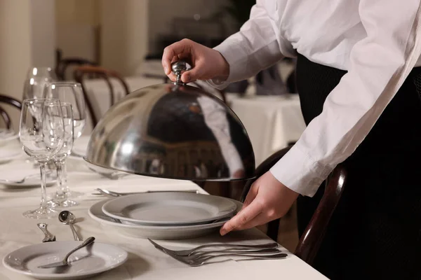 Woman Setting Table Restaurant Closeup Professional Butler Courses — Stock Photo, Image