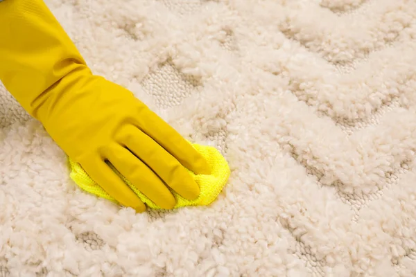 Woman Rubber Gloves Cleaning Carpet Rag Closeup Space Text — Stock Photo, Image