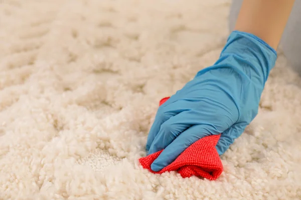 Woman Rubber Gloves Cleaning Carpet Rag Closeup Space Text — Stock Photo, Image